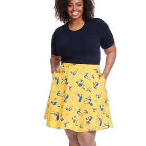 Eva Rise Yellow Retro Cat Print Skirt w/ Pockets M